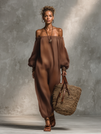 Women's Minimalist Linen Blend Strapless Long-sleeved Jumpsuit MDZ0967A9Y
