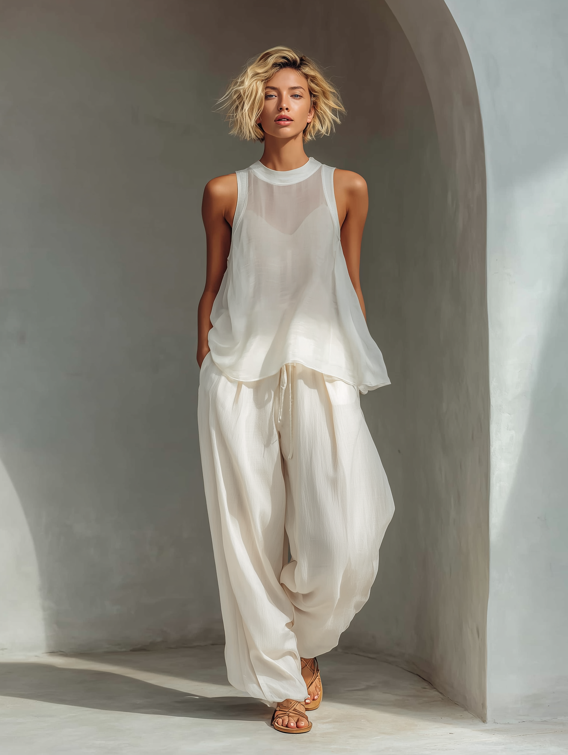 Women's Cream Two-Piece Set With Semi-sheer Chiffon Sleeveless Top & Cotton And Linen Blend Drawstring Wide-Leg Trousers MDZ1039C4T