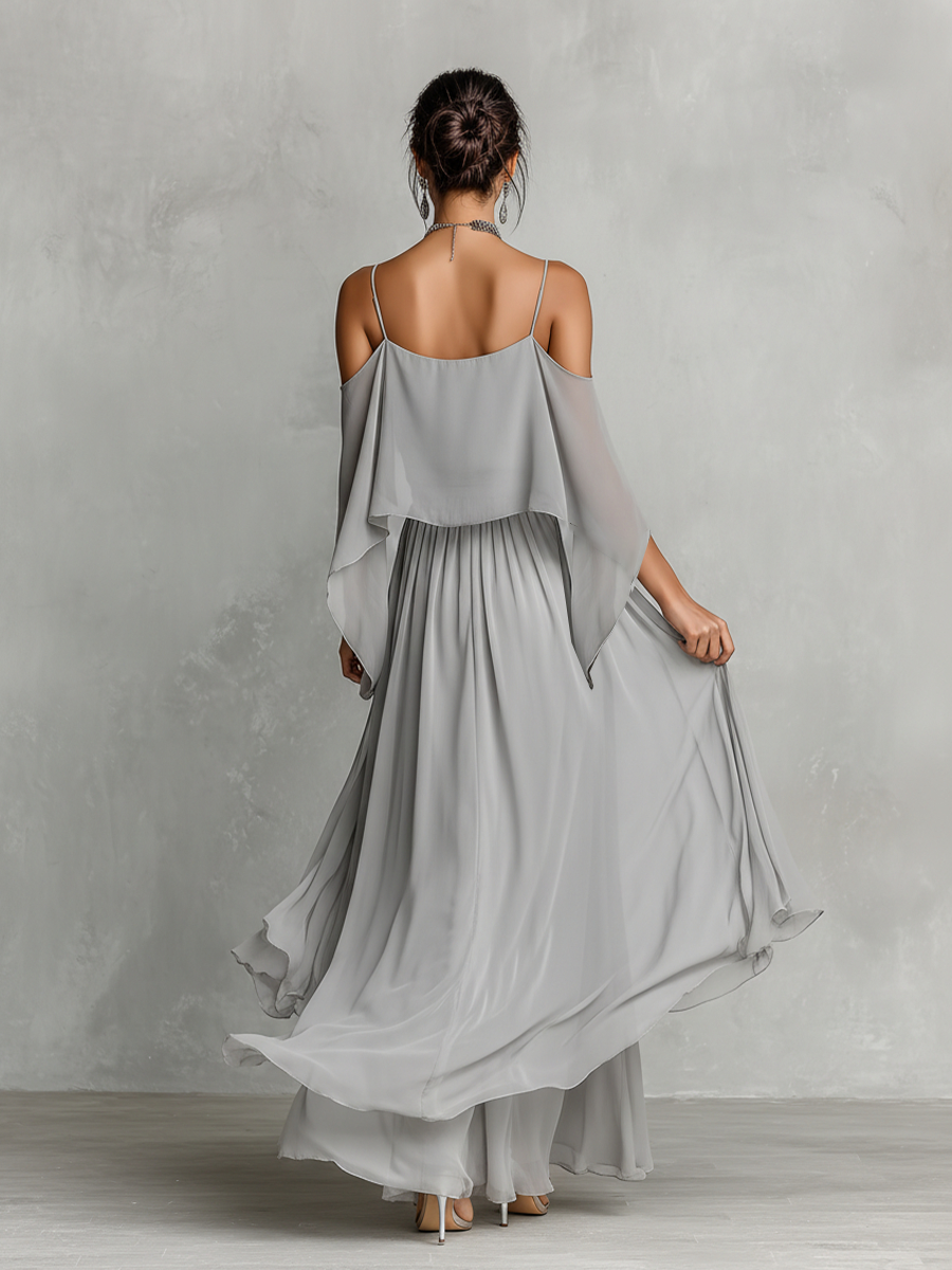 Women's Grey Breathable Chiffon Set With Cold-Shoulder Detail & Flared Silhouette, Contemporary Luxury-Feminine Style Set MDZ2651B6I