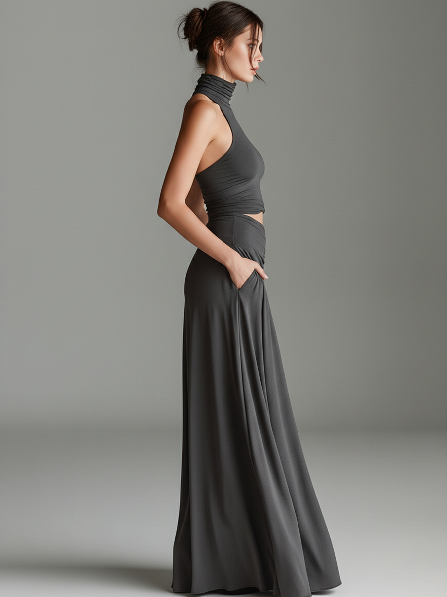 Women's Charcoal Gray Stretch Knit Dress With Turtleneck Halter & Cutout Waist, Timeless Minimalist Elegant Style Dress MDZ0960B2I