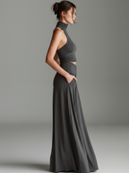 Women's Charcoal Gray Stretch Knit Dress With Turtleneck Halter & Cutout Waist, Timeless Minimalist Elegant Style Dress MDZ0960B2I